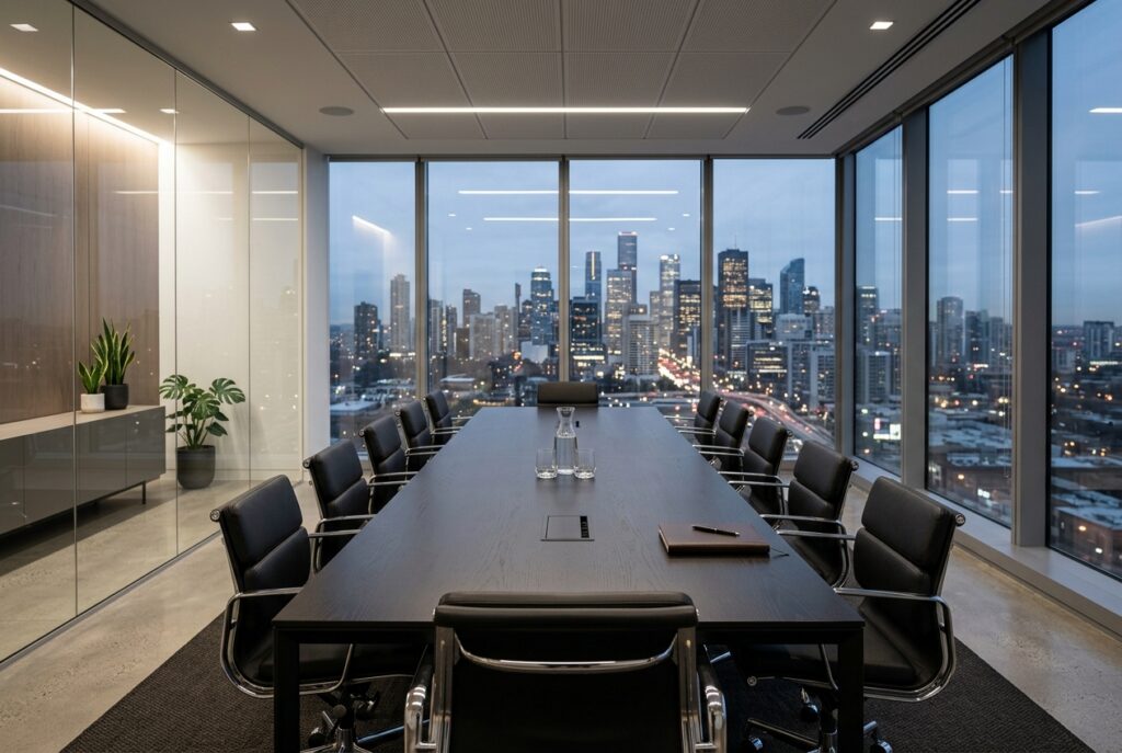 Empty boardroom overlooking a city skyline at dusk