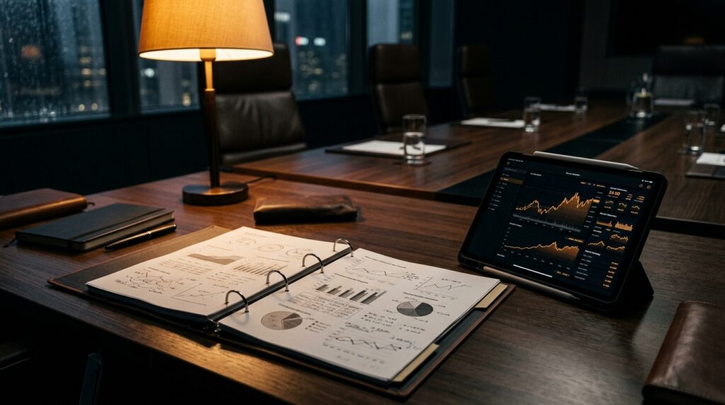 Desk with printed reports and freight cost charts on a tablet