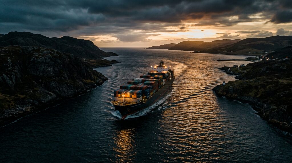 Container ship navigating a narrow coastal channel at dusk