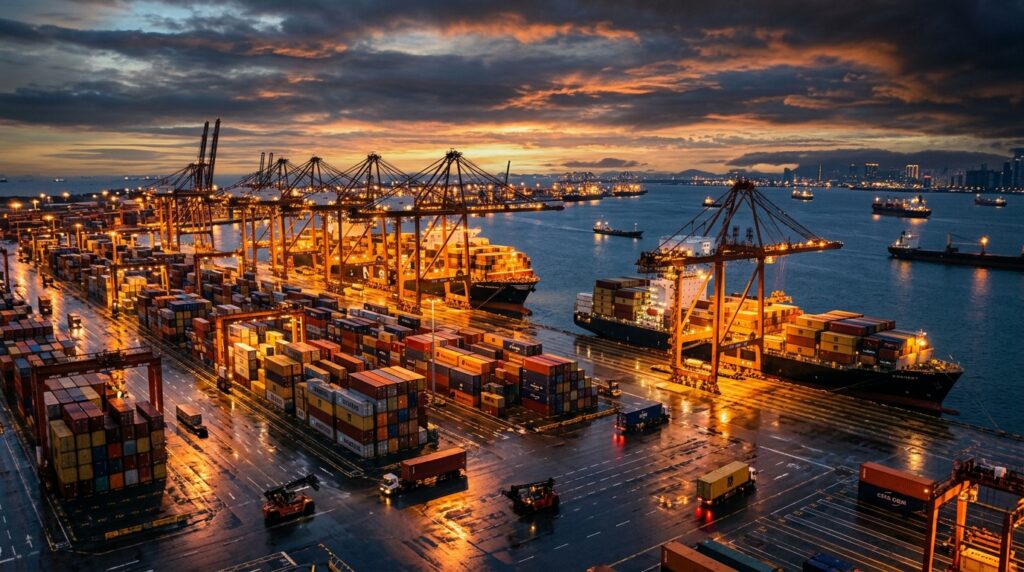 Container terminal at dusk with gantry cranes and stacked containers